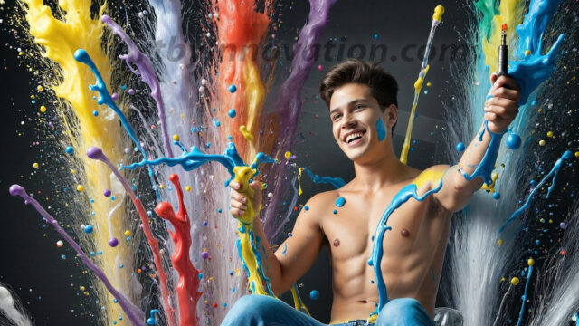 Paint Splat Fun - Hot men having fun with body paint. AI-generated abstract art featuring beautiful, handsome, sexy, shirtless, men, boys, lads, full of excitement joy and fun, covered in body paint, dynamic, interactive, Combining elements of realism with surreal abstract qualities, showcasing the potential of AI in artistic expression. Photos of guys, just smiling, happy, and having a good time. Most of them are smiling because a paint bomb just blow up next to them, so I'm calling is Abstract Art. When paint attacks and makes people happy, it's Art!