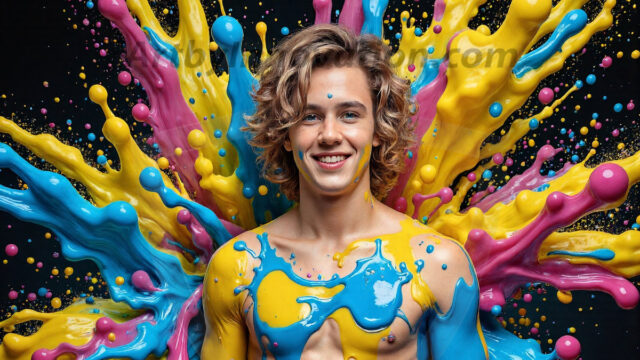 Paint Splat Fun - Hot men having fun with body paint. AI-generated abstract art featuring beautiful, handsome, sexy, shirtless, men, boys, lads, full of excitement joy and fun, covered in body paint, dynamic, interactive, Combining elements of realism with surreal abstract qualities, showcasing the potential of AI in artistic expression. Photos of guys, just smiling, happy, and having a good time. Most of them are smiling because a paint bomb just blow up next to them, so I'm calling is Abstract Art. When paint attacks and makes people happy, it's Art!