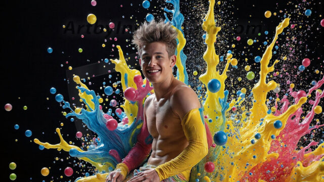 Paint Splat Fun - Hot men having fun with body paint. AI-generated abstract art featuring beautiful, handsome, sexy, shirtless, men, boys, lads, full of excitement joy and fun, covered in body paint, dynamic, interactive, Combining elements of realism with surreal abstract qualities, showcasing the potential of AI in artistic expression. Photos of guys, just smiling, happy, and having a good time. Most of them are smiling because a paint bomb just blow up next to them, so I'm calling is Abstract Art. When paint attacks and makes people happy, it's Art!