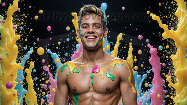Paint Splat Fun - Hot men having fun with body paint. AI-generated abstract art featuring beautiful, handsome, sexy, shirtless, men, boys, lads, full of excitement joy and fun, covered in body paint, dynamic, interactive, Combining elements of realism with surreal abstract qualities, showcasing the potential of AI in artistic expression. Photos of guys, just smiling, happy, and having a good time. Most of them are smiling because a paint bomb just blow up next to them, so I'm calling is Abstract Art. When paint attacks and makes people happy, it's Art!
