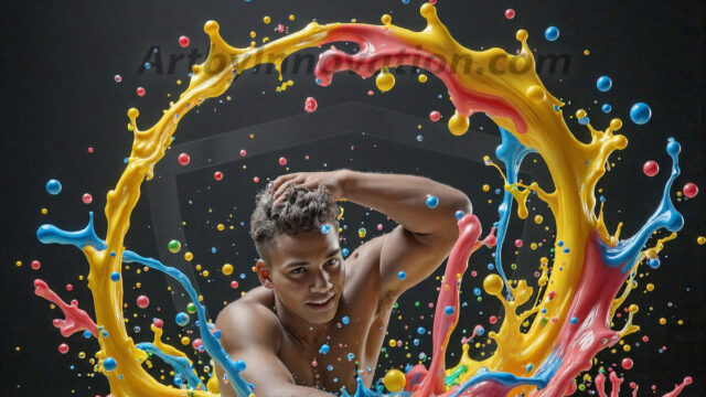 Paint Splat Fun - Hot men having fun with body paint. AI-generated abstract art featuring beautiful, handsome, sexy, shirtless, men, boys, lads, full of excitement joy and fun, covered in body paint, dynamic, interactive, Combining elements of realism with surreal abstract qualities, showcasing the potential of AI in artistic expression. Photos of guys, just smiling, happy, and having a good time. Most of them are smiling because a paint bomb just blow up next to them, so I'm calling is Abstract Art. When paint attacks and makes people happy, it's Art!