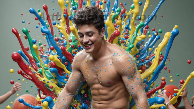 Paint Splat Fun - Hot men having fun with body paint. AI-generated abstract art featuring beautiful, handsome, sexy, shirtless, men, boys, lads, full of excitement joy and fun, covered in body paint, dynamic, interactive, Combining elements of realism with surreal abstract qualities, showcasing the potential of AI in artistic expression. Photos of guys, just smiling, happy, and having a good time. Most of them are smiling because a paint bomb just blow up next to them, so I'm calling is Abstract Art. When paint attacks and makes people happy, it's Art!