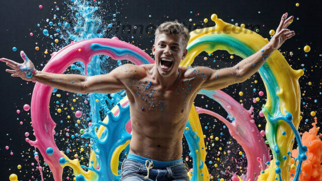Paint Splat Fun - Hot men having fun with body paint. AI-generated abstract art featuring beautiful, handsome, sexy, shirtless, men, boys, lads, full of excitement joy and fun, covered in body paint, dynamic, interactive, Combining elements of realism with surreal abstract qualities, showcasing the potential of AI in artistic expression. Photos of guys, just smiling, happy, and having a good time. Most of them are smiling because a paint bomb just blow up next to them, so I'm calling is Abstract Art. When paint attacks and makes people happy, it's Art!