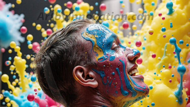 Paint Splat Fun - Hot men having fun with body paint. AI-generated abstract art featuring beautiful, handsome, sexy, shirtless, men, boys, lads, full of excitement joy and fun, covered in body paint, dynamic, interactive, Combining elements of realism with surreal abstract qualities, showcasing the potential of AI in artistic expression. Photos of guys, just smiling, happy, and having a good time. Most of them are smiling because a paint bomb just blow up next to them, so I'm calling is Abstract Art. When paint attacks and makes people happy, it's Art!