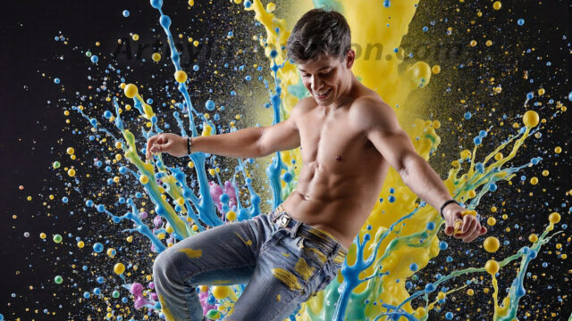 Paint Splat Fun - Hot men having fun with body paint. AI-generated abstract art featuring beautiful, handsome, sexy, shirtless, men, boys, lads, full of excitement joy and fun, covered in body paint, dynamic, interactive, Combining elements of realism with surreal abstract qualities, showcasing the potential of AI in artistic expression. Photos of guys, just smiling, happy, and having a good time. Most of them are smiling because a paint bomb just blow up next to them, so I'm calling is Abstract Art. When paint attacks and makes people happy, it's Art!