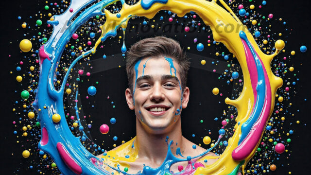 Paint Splat Fun - Hot men having fun with body paint. AI-generated abstract art featuring beautiful, handsome, sexy, shirtless, men, boys, lads, full of excitement joy and fun, covered in body paint, dynamic, interactive, Combining elements of realism with surreal abstract qualities, showcasing the potential of AI in artistic expression. Photos of guys, just smiling, happy, and having a good time. Most of them are smiling because a paint bomb just blow up next to them, so I'm calling is Abstract Art. When paint attacks and makes people happy, it's Art!
