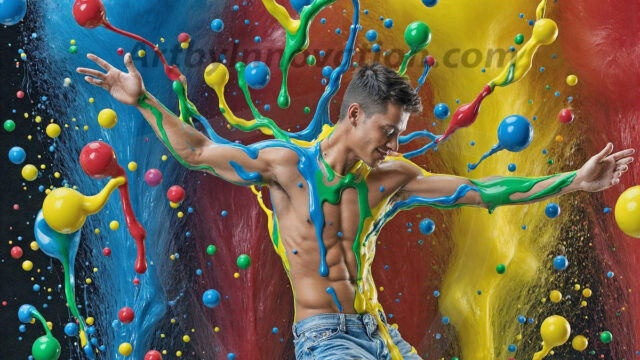 Paint Splat Fun - Hot men having fun with body paint. AI-generated abstract art featuring beautiful, handsome, sexy, shirtless, men, boys, lads, full of excitement joy and fun, covered in body paint, dynamic, interactive, Combining elements of realism with surreal abstract qualities, showcasing the potential of AI in artistic expression. Photos of guys, just smiling, happy, and having a good time. Most of them are smiling because a paint bomb just blow up next to them, so I'm calling is Abstract Art. When paint attacks and makes people happy, it's Art!