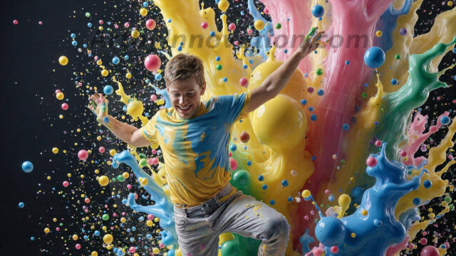 Paint Splat Fun - Hot men having fun with body paint. AI-generated abstract art featuring beautiful, handsome, sexy, shirtless, men, boys, lads, full of excitement joy and fun, covered in body paint, dynamic, interactive, Combining elements of realism with surreal abstract qualities, showcasing the potential of AI in artistic expression. Photos of guys, just smiling, happy, and having a good time. Most of them are smiling because a paint bomb just blow up next to them, so I'm calling is Abstract Art. When paint attacks and makes people happy, it's Art!