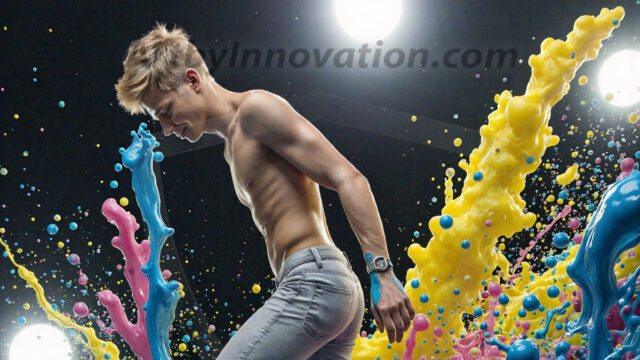 Paint Splat Fun - Hot men having fun with body paint. AI-generated abstract art featuring beautiful, handsome, sexy, shirtless, men, boys, lads, full of excitement joy and fun, covered in body paint, dynamic, interactive, Combining elements of realism with surreal abstract qualities, showcasing the potential of AI in artistic expression. Photos of guys, just smiling, happy, and having a good time. Most of them are smiling because a paint bomb just blow up next to them, so I'm calling is Abstract Art. When paint attacks and makes people happy, it's Art!