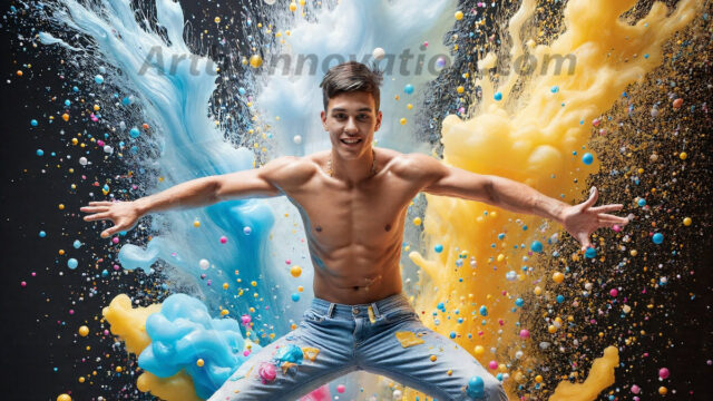Paint Splat Fun - Hot men having fun with body paint. AI-generated abstract art featuring beautiful, handsome, sexy, shirtless, men, boys, lads, full of excitement joy and fun, covered in body paint, dynamic, interactive, Combining elements of realism with surreal abstract qualities, showcasing the potential of AI in artistic expression. Photos of guys, just smiling, happy, and having a good time. Most of them are smiling because a paint bomb just blow up next to them, so I'm calling is Abstract Art. When paint attacks and makes people happy, it's Art!