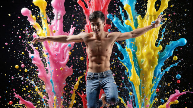 Paint Splat Fun - Hot men having fun with body paint. AI-generated abstract art featuring beautiful, handsome, sexy, shirtless, men, boys, lads, full of excitement joy and fun, covered in body paint, dynamic, interactive, Combining elements of realism with surreal abstract qualities, showcasing the potential of AI in artistic expression. Photos of guys, just smiling, happy, and having a good time. Most of them are smiling because a paint bomb just blow up next to them, so I'm calling is Abstract Art. When paint attacks and makes people happy, it's Art!