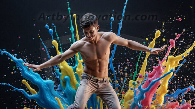 Paint Splat Fun - Hot men having fun with body paint. AI-generated abstract art featuring beautiful, handsome, sexy, shirtless, men, boys, lads, full of excitement joy and fun, covered in body paint, dynamic, interactive, Combining elements of realism with surreal abstract qualities, showcasing the potential of AI in artistic expression. Photos of guys, just smiling, happy, and having a good time. Most of them are smiling because a paint bomb just blow up next to them, so I'm calling is Abstract Art. When paint attacks and makes people happy, it's Art!