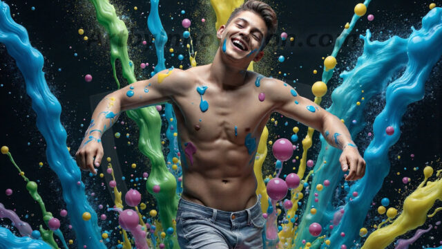 Paint Splat Fun - Hot men having fun with body paint. AI-generated abstract art featuring beautiful, handsome, sexy, shirtless, men, boys, lads, full of excitement joy and fun, covered in body paint, dynamic, interactive, Combining elements of realism with surreal abstract qualities, showcasing the potential of AI in artistic expression. Photos of guys, just smiling, happy, and having a good time. Most of them are smiling because a paint bomb just blow up next to them, so I'm calling is Abstract Art. When paint attacks and makes people happy, it's Art!