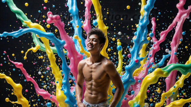 Paint Splat Fun - Hot men having fun with body paint. AI-generated abstract art featuring beautiful, handsome, sexy, shirtless, men, boys, lads, full of excitement joy and fun, covered in body paint, dynamic, interactive, Combining elements of realism with surreal abstract qualities, showcasing the potential of AI in artistic expression. Photos of guys, just smiling, happy, and having a good time. Most of them are smiling because a paint bomb just blow up next to them, so I'm calling is Abstract Art. When paint attacks and makes people happy, it's Art!