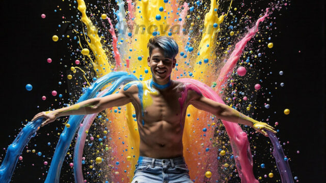 Paint Splat Fun - Hot men having fun with body paint. AI-generated abstract art featuring beautiful, handsome, sexy, shirtless, men, boys, lads, full of excitement joy and fun, covered in body paint, dynamic, interactive, Combining elements of realism with surreal abstract qualities, showcasing the potential of AI in artistic expression. Photos of guys, just smiling, happy, and having a good time. Most of them are smiling because a paint bomb just blow up next to them, so I'm calling is Abstract Art. When paint attacks and makes people happy, it's Art!