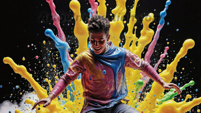 Paint Splat Fun - Hot men having fun with body paint. AI-generated abstract art featuring beautiful, handsome, sexy, shirtless, men, boys, lads, full of excitement joy and fun, covered in body paint, dynamic, interactive, Combining elements of realism with surreal abstract qualities, showcasing the potential of AI in artistic expression. Photos of guys, just smiling, happy, and having a good time. Most of them are smiling because a paint bomb just blow up next to them, so I'm calling is Abstract Art. When paint attacks and makes people happy, it's Art!