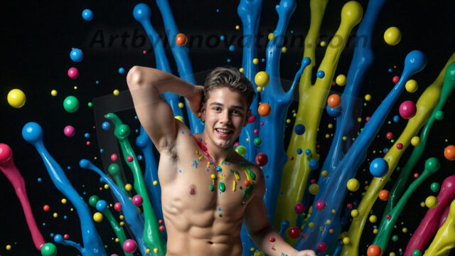Paint Splat Fun - Hot men having fun with body paint. AI-generated abstract art featuring beautiful, handsome, sexy, shirtless, men, boys, lads, full of excitement joy and fun, covered in body paint, dynamic, interactive, Combining elements of realism with surreal abstract qualities, showcasing the potential of AI in artistic expression. Photos of guys, just smiling, happy, and having a good time. Most of them are smiling because a paint bomb just blow up next to them, so I'm calling is Abstract Art. When paint attacks and makes people happy, it's Art!