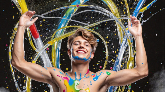 Paint Splat Fun - Hot men having fun with body paint. AI-generated abstract art featuring beautiful, handsome, sexy, shirtless, men, boys, lads, full of excitement joy and fun, covered in body paint, dynamic, interactive, Combining elements of realism with surreal abstract qualities, showcasing the potential of AI in artistic expression. Photos of guys, just smiling, happy, and having a good time. Most of them are smiling because a paint bomb just blow up next to them, so I'm calling is Abstract Art. When paint attacks and makes people happy, it's Art!