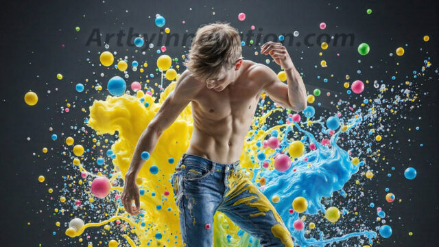 Paint Splat Fun - Hot men having fun with body paint. AI-generated abstract art featuring beautiful, handsome, sexy, shirtless, men, boys, lads, full of excitement joy and fun, covered in body paint, dynamic, interactive, Combining elements of realism with surreal abstract qualities, showcasing the potential of AI in artistic expression. Photos of guys, just smiling, happy, and having a good time. Most of them are smiling because a paint bomb just blow up next to them, so I'm calling is Abstract Art. When paint attacks and makes people happy, it's Art!