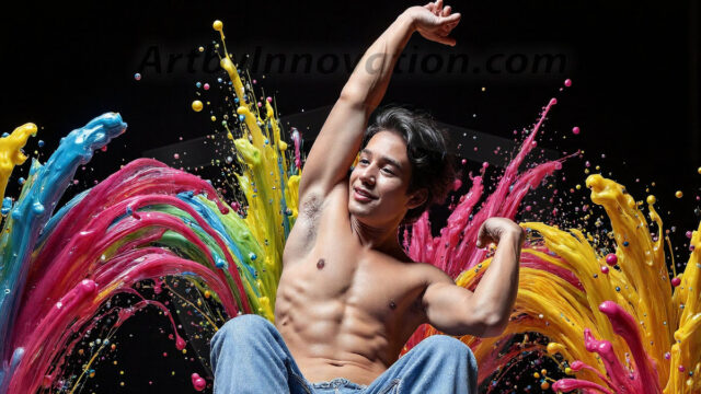 Paint Splat Fun - Hot men having fun with body paint. AI-generated abstract art featuring beautiful, handsome, sexy, shirtless, men, boys, lads, full of excitement joy and fun, covered in body paint, dynamic, interactive, Combining elements of realism with surreal abstract qualities, showcasing the potential of AI in artistic expression. Photos of guys, just smiling, happy, and having a good time. Most of them are smiling because a paint bomb just blow up next to them, so I'm calling is Abstract Art. When paint attacks and makes people happy, it's Art!