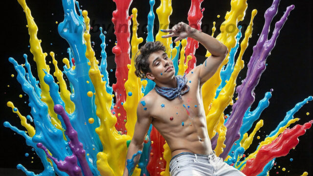 Paint Splat Fun - Hot men having fun with body paint. AI-generated abstract art featuring beautiful, handsome, sexy, shirtless, men, boys, lads, full of excitement joy and fun, covered in body paint, dynamic, interactive, Combining elements of realism with surreal abstract qualities, showcasing the potential of AI in artistic expression. Photos of guys, just smiling, happy, and having a good time. Most of them are smiling because a paint bomb just blow up next to them, so I'm calling is Abstract Art. When paint attacks and makes people happy, it's Art!