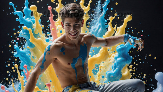 Paint Splat Fun - Hot men having fun with body paint. AI-generated abstract art featuring beautiful, handsome, sexy, shirtless, men, boys, lads, full of excitement joy and fun, covered in body paint, dynamic, interactive, Combining elements of realism with surreal abstract qualities, showcasing the potential of AI in artistic expression. Photos of guys, just smiling, happy, and having a good time. Most of them are smiling because a paint bomb just blow up next to them, so I'm calling is Abstract Art. When paint attacks and makes people happy, it's Art!