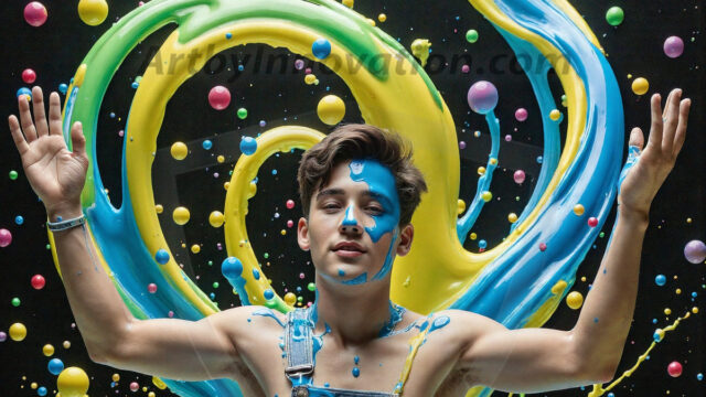 Paint Splat Fun - Hot men having fun with body paint. AI-generated abstract art featuring beautiful, handsome, sexy, shirtless, men, boys, lads, full of excitement joy and fun, covered in body paint, dynamic, interactive, Combining elements of realism with surreal abstract qualities, showcasing the potential of AI in artistic expression. Photos of guys, just smiling, happy, and having a good time. Most of them are smiling because a paint bomb just blow up next to them, so I'm calling is Abstract Art. When paint attacks and makes people happy, it's Art!