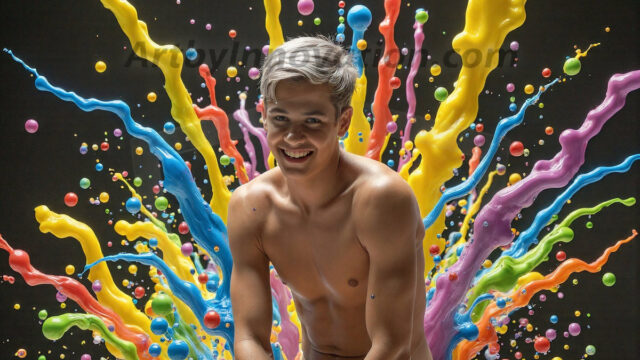 Paint Splat Fun - Hot men having fun with body paint. AI-generated abstract art featuring beautiful, handsome, sexy, shirtless, men, boys, lads, full of excitement joy and fun, covered in body paint, dynamic, interactive, Combining elements of realism with surreal abstract qualities, showcasing the potential of AI in artistic expression. Photos of guys, just smiling, happy, and having a good time. Most of them are smiling because a paint bomb just blow up next to them, so I'm calling is Abstract Art. When paint attacks and makes people happy, it's Art!