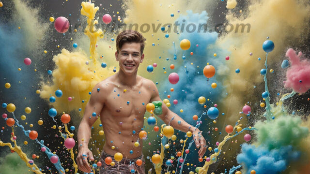 Paint Splat Fun - Hot men having fun with body paint. AI-generated abstract art featuring beautiful, handsome, sexy, shirtless, men, boys, lads, full of excitement joy and fun, covered in body paint, dynamic, interactive, Combining elements of realism with surreal abstract qualities, showcasing the potential of AI in artistic expression. Photos of guys, just smiling, happy, and having a good time. Most of them are smiling because a paint bomb just blow up next to them, so I'm calling is Abstract Art. When paint attacks and makes people happy, it's Art!