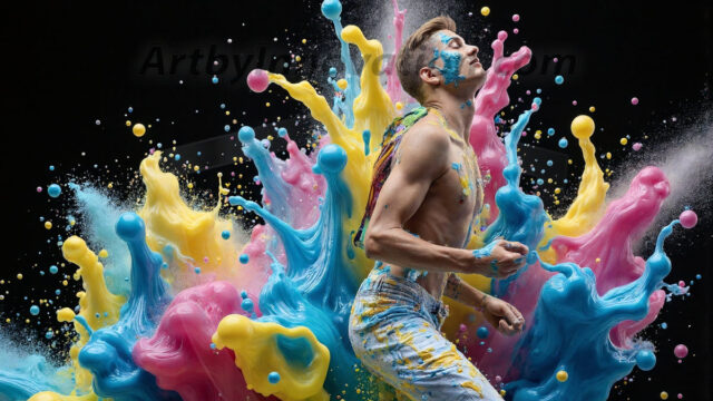 Paint Splat Fun - Hot men having fun with body paint. AI-generated abstract art featuring beautiful, handsome, sexy, shirtless, men, boys, lads, full of excitement joy and fun, covered in body paint, dynamic, interactive, Combining elements of realism with surreal abstract qualities, showcasing the potential of AI in artistic expression. Photos of guys, just smiling, happy, and having a good time. Most of them are smiling because a paint bomb just blow up next to them, so I'm calling is Abstract Art. When paint attacks and makes people happy, it's Art!