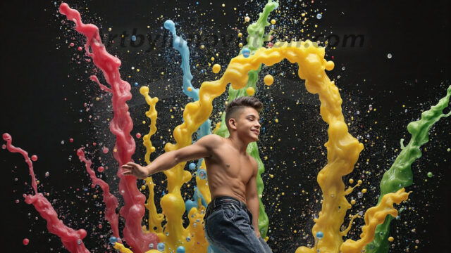 Paint Splat Fun - Hot men having fun with body paint. AI-generated abstract art featuring beautiful, handsome, sexy, shirtless, men, boys, lads, full of excitement joy and fun, covered in body paint, dynamic, interactive, Combining elements of realism with surreal abstract qualities, showcasing the potential of AI in artistic expression. Photos of guys, just smiling, happy, and having a good time. Most of them are smiling because a paint bomb just blow up next to them, so I'm calling is Abstract Art. When paint attacks and makes people happy, it's Art!