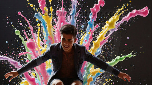 Paint Splat Fun - Hot men having fun with body paint. AI-generated abstract art featuring beautiful, handsome, sexy, shirtless, men, boys, lads, full of excitement joy and fun, covered in body paint, dynamic, interactive, Combining elements of realism with surreal abstract qualities, showcasing the potential of AI in artistic expression. Photos of guys, just smiling, happy, and having a good time. Most of them are smiling because a paint bomb just blow up next to them, so I'm calling is Abstract Art. When paint attacks and makes people happy, it's Art!