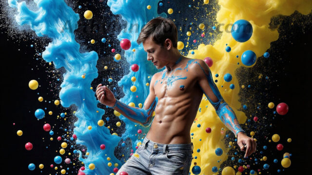 Paint Splat Fun - Hot men having fun with body paint. AI-generated abstract art featuring beautiful, handsome, sexy, shirtless, men, boys, lads, full of excitement joy and fun, covered in body paint, dynamic, interactive, Combining elements of realism with surreal abstract qualities, showcasing the potential of AI in artistic expression. Photos of guys, just smiling, happy, and having a good time. Most of them are smiling because a paint bomb just blow up next to them, so I'm calling is Abstract Art. When paint attacks and makes people happy, it's Art!
