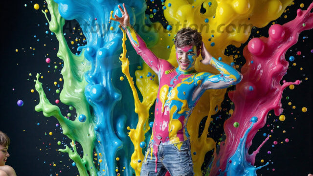 Paint Splat Fun - Hot men having fun with body paint. AI-generated abstract art featuring beautiful, handsome, sexy, shirtless, men, boys, lads, full of excitement joy and fun, covered in body paint, dynamic, interactive, Combining elements of realism with surreal abstract qualities, showcasing the potential of AI in artistic expression. Photos of guys, just smiling, happy, and having a good time. Most of them are smiling because a paint bomb just blow up next to them, so I'm calling is Abstract Art. When paint attacks and makes people happy, it's Art!