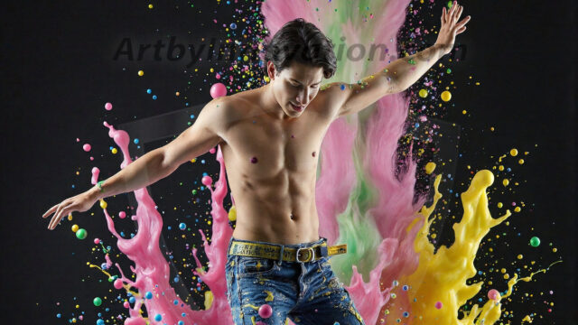 Paint Splat Fun - Hot men having fun with body paint. AI-generated abstract art featuring beautiful, handsome, sexy, shirtless, men, boys, lads, full of excitement joy and fun, covered in body paint, dynamic, interactive, Combining elements of realism with surreal abstract qualities, showcasing the potential of AI in artistic expression. Photos of guys, just smiling, happy, and having a good time. Most of them are smiling because a paint bomb just blow up next to them, so I'm calling is Abstract Art. When paint attacks and makes people happy, it's Art!
