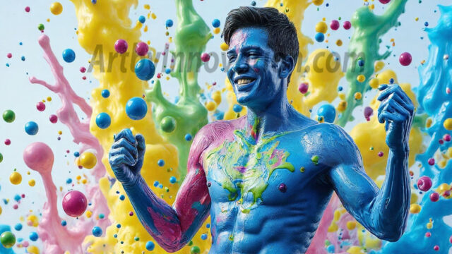 Paint Splat Fun - Hot men having fun with body paint. AI-generated abstract art featuring beautiful, handsome, sexy, shirtless, men, boys, lads, full of excitement joy and fun, covered in body paint, dynamic, interactive, Combining elements of realism with surreal abstract qualities, showcasing the potential of AI in artistic expression. Photos of guys, just smiling, happy, and having a good time. Most of them are smiling because a paint bomb just blow up next to them, so I'm calling is Abstract Art. When paint attacks and makes people happy, it's Art!