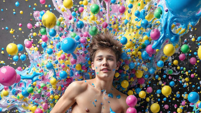 Paint Splat Fun - Hot men having fun with body paint. AI-generated abstract art featuring beautiful, handsome, sexy, shirtless, men, boys, lads, full of excitement joy and fun, covered in body paint, dynamic, interactive, Combining elements of realism with surreal abstract qualities, showcasing the potential of AI in artistic expression. Photos of guys, just smiling, happy, and having a good time. Most of them are smiling because a paint bomb just blow up next to them, so I'm calling is Abstract Art. When paint attacks and makes people happy, it's Art!