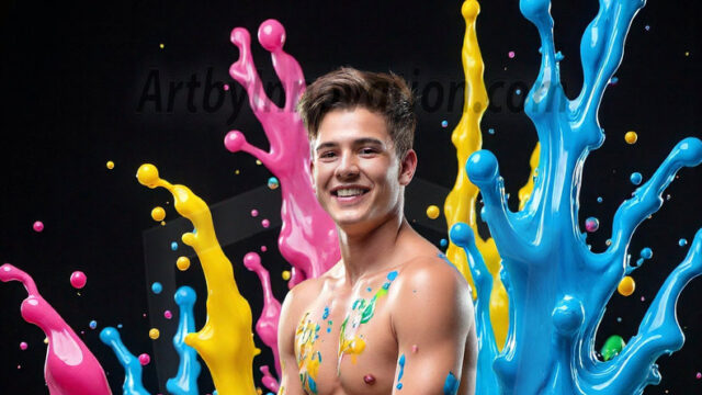 Paint Splat Fun - Hot men having fun with body paint. AI-generated abstract art featuring beautiful, handsome, sexy, shirtless, men, boys, lads, full of excitement joy and fun, covered in body paint, dynamic, interactive, Combining elements of realism with surreal abstract qualities, showcasing the potential of AI in artistic expression. Photos of guys, just smiling, happy, and having a good time. Most of them are smiling because a paint bomb just blow up next to them, so I'm calling is Abstract Art. When paint attacks and makes people happy, it's Art!