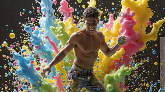 Paint Splat Fun - Hot men having fun with body paint. AI-generated abstract art featuring beautiful, handsome, sexy, shirtless, men, boys, lads, full of excitement joy and fun, covered in body paint, dynamic, interactive, Combining elements of realism with surreal abstract qualities, showcasing the potential of AI in artistic expression. Photos of guys, just smiling, happy, and having a good time. Most of them are smiling because a paint bomb just blow up next to them, so I'm calling is Abstract Art. When paint attacks and makes people happy, it's Art!
