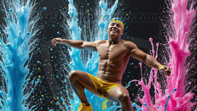 Paint Splat Fun - Hot men having fun with body paint. AI-generated abstract art featuring beautiful, handsome, sexy, shirtless, men, boys, lads, full of excitement joy and fun, covered in body paint, dynamic, interactive, Combining elements of realism with surreal abstract qualities, showcasing the potential of AI in artistic expression. Photos of guys, just smiling, happy, and having a good time. Most of them are smiling because a paint bomb just blow up next to them, so I'm calling is Abstract Art. When paint attacks and makes people happy, it's Art!