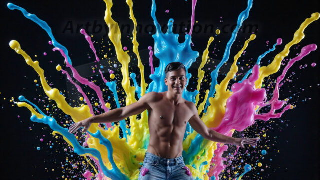 Paint Splat Fun - Hot men having fun with body paint. AI-generated abstract art featuring beautiful, handsome, sexy, shirtless, men, boys, lads, full of excitement joy and fun, covered in body paint, dynamic, interactive, Combining elements of realism with surreal abstract qualities, showcasing the potential of AI in artistic expression. Photos of guys, just smiling, happy, and having a good time. Most of them are smiling because a paint bomb just blow up next to them, so I'm calling is Abstract Art. When paint attacks and makes people happy, it's Art!