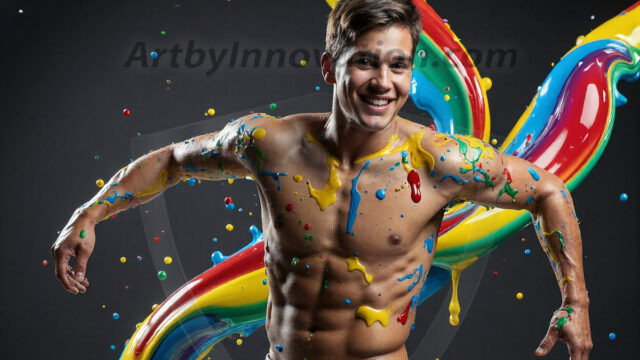 Paint Splat Fun - Hot men having fun with body paint. AI-generated abstract art featuring beautiful, handsome, sexy, shirtless, men, boys, lads, full of excitement joy and fun, covered in body paint, dynamic, interactive, Combining elements of realism with surreal abstract qualities, showcasing the potential of AI in artistic expression. Photos of guys, just smiling, happy, and having a good time. Most of them are smiling because a paint bomb just blow up next to them, so I'm calling is Abstract Art. When paint attacks and makes people happy, it's Art!