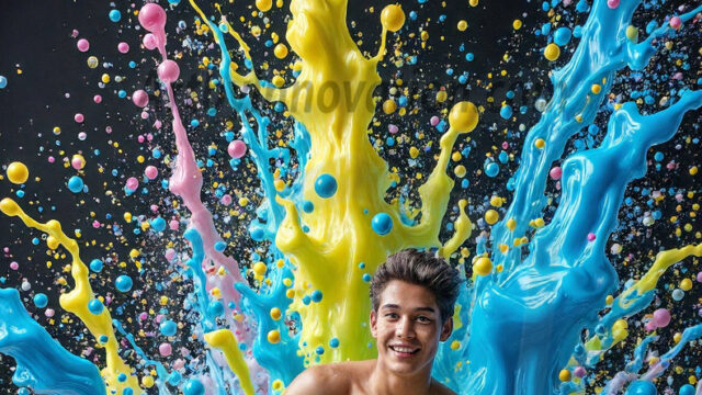 Paint Splat Fun - Hot men having fun with body paint. AI-generated abstract art featuring beautiful, handsome, sexy, shirtless, men, boys, lads, full of excitement joy and fun, covered in body paint, dynamic, interactive, Combining elements of realism with surreal abstract qualities, showcasing the potential of AI in artistic expression. Photos of guys, just smiling, happy, and having a good time. Most of them are smiling because a paint bomb just blow up next to them, so I'm calling is Abstract Art. When paint attacks and makes people happy, it's Art!