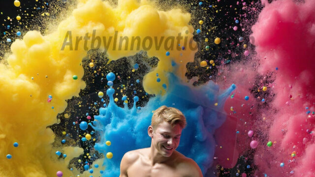 Paint Splat Fun - Hot men having fun with body paint. AI-generated abstract art featuring beautiful, handsome, sexy, shirtless, men, boys, lads, full of excitement joy and fun, covered in body paint, dynamic, interactive, Combining elements of realism with surreal abstract qualities, showcasing the potential of AI in artistic expression. Photos of guys, just smiling, happy, and having a good time. Most of them are smiling because a paint bomb just blow up next to them, so I'm calling is Abstract Art. When paint attacks and makes people happy, it's Art!