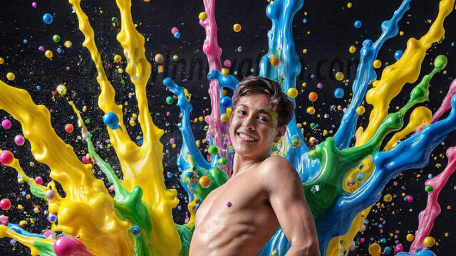 Paint Splat Fun - Hot men having fun with body paint. AI-generated abstract art featuring beautiful, handsome, sexy, shirtless, men, boys, lads, full of excitement joy and fun, covered in body paint, dynamic, interactive, Combining elements of realism with surreal abstract qualities, showcasing the potential of AI in artistic expression. Photos of guys, just smiling, happy, and having a good time. Most of them are smiling because a paint bomb just blow up next to them, so I'm calling is Abstract Art. When paint attacks and makes people happy, it's Art!