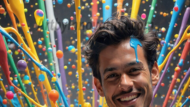 Paint Splat Fun - Hot men having fun with body paint. AI-generated abstract art featuring beautiful, handsome, sexy, shirtless, men, boys, lads, full of excitement joy and fun, covered in body paint, dynamic, interactive, Combining elements of realism with surreal abstract qualities, showcasing the potential of AI in artistic expression. Photos of guys, just smiling, happy, and having a good time. Most of them are smiling because a paint bomb just blow up next to them, so I'm calling is Abstract Art. When paint attacks and makes people happy, it's Art!