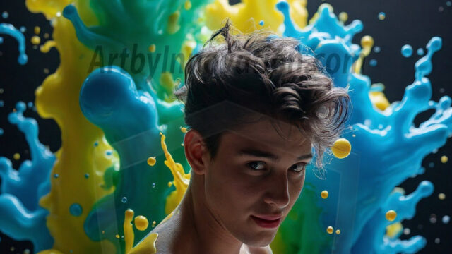 Paint Splat Fun - Hot men having fun with body paint. AI-generated abstract art featuring beautiful, handsome, sexy, shirtless, men, boys, lads, full of excitement joy and fun, covered in body paint, dynamic, interactive, Combining elements of realism with surreal abstract qualities, showcasing the potential of AI in artistic expression. Photos of guys, just smiling, happy, and having a good time. Most of them are smiling because a paint bomb just blow up next to them, so I'm calling is Abstract Art. When paint attacks and makes people happy, it's Art!