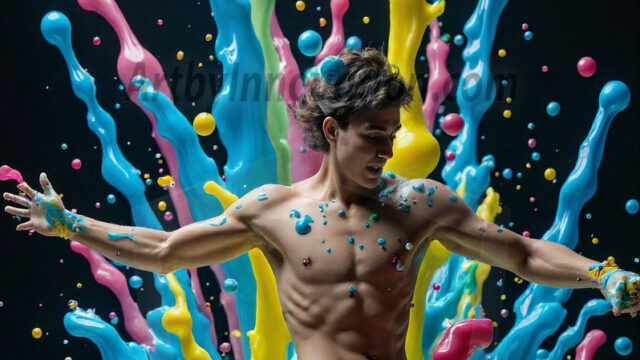 Paint Splat Fun - Hot men having fun with body paint. AI-generated abstract art featuring beautiful, handsome, sexy, shirtless, men, boys, lads, full of excitement joy and fun, covered in body paint, dynamic, interactive, Combining elements of realism with surreal abstract qualities, showcasing the potential of AI in artistic expression. Photos of guys, just smiling, happy, and having a good time. Most of them are smiling because a paint bomb just blow up next to them, so I'm calling is Abstract Art. When paint attacks and makes people happy, it's Art!