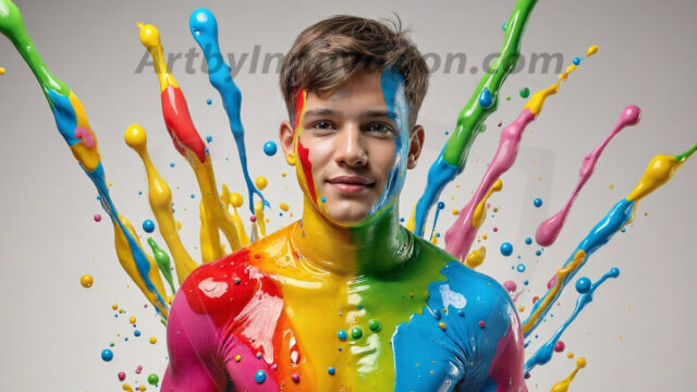 Paint Splat Fun - Hot men having fun with body paint. AI-generated abstract art featuring beautiful, handsome, sexy, shirtless, men, boys, lads, full of excitement joy and fun, covered in body paint, dynamic, interactive, Combining elements of realism with surreal abstract qualities, showcasing the potential of AI in artistic expression. Photos of guys, just smiling, happy, and having a good time. Most of them are smiling because a paint bomb just blow up next to them, so I'm calling is Abstract Art. When paint attacks and makes people happy, it's Art!