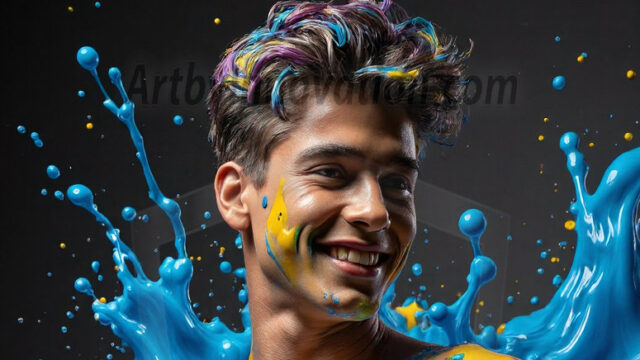 Paint Splat Fun - Hot men having fun with body paint. AI-generated abstract art featuring beautiful, handsome, sexy, shirtless, men, boys, lads, full of excitement joy and fun, covered in body paint, dynamic, interactive, Combining elements of realism with surreal abstract qualities, showcasing the potential of AI in artistic expression. Photos of guys, just smiling, happy, and having a good time. Most of them are smiling because a paint bomb just blow up next to them, so I'm calling is Abstract Art. When paint attacks and makes people happy, it's Art!